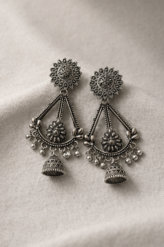 Floral Oxidized Jhumka Earrings