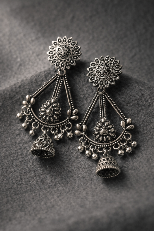 Floral Oxidized Jhumka Earrings