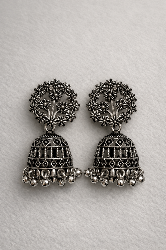 Floral Tree Oxidized Jhumka Earrings