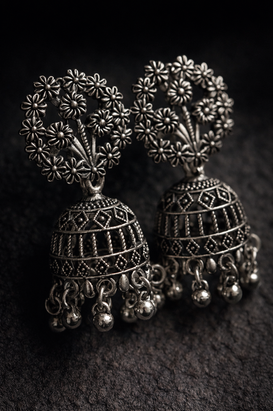 Floral Tree Oxidized Jhumka Earrings