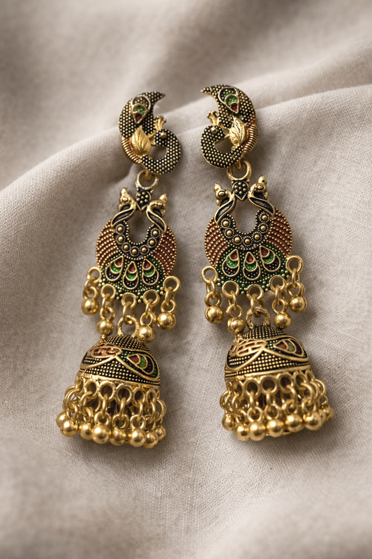 Mehendi Antique Peacock Jhumka Earrings